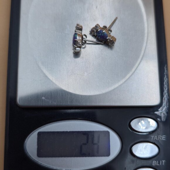 Sterling Silver Round Blue Opal And CZ Stud Earrings A5385 - Picture 8 of 8